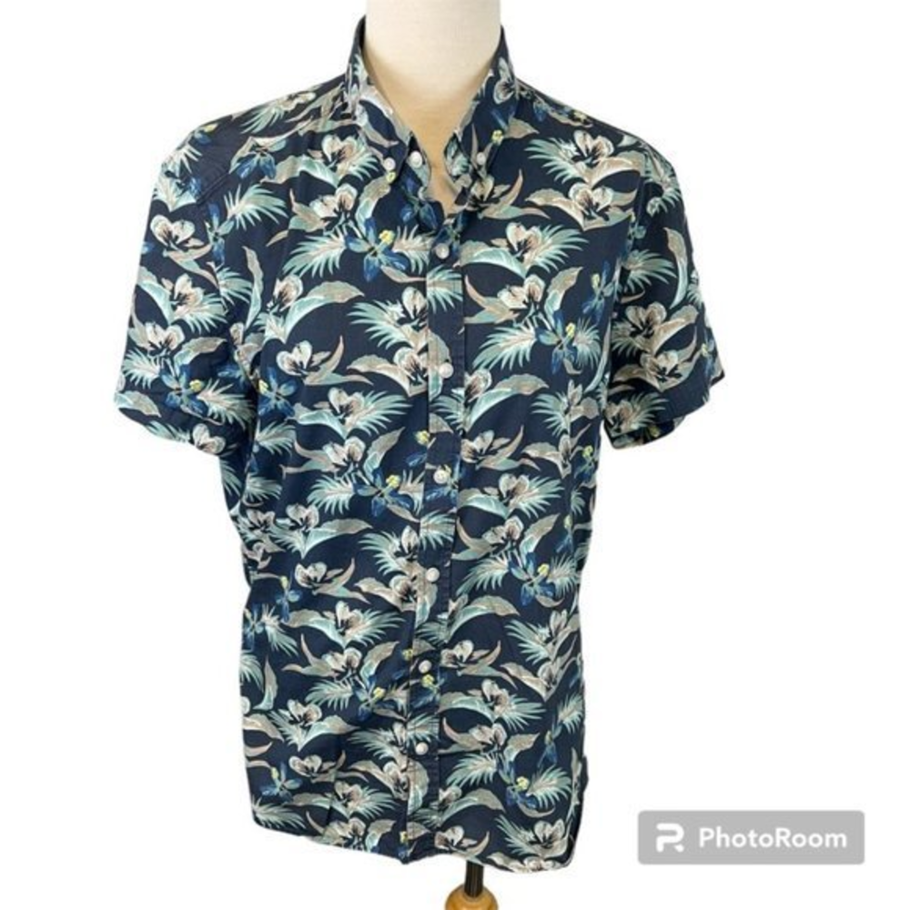 RW&CO Blue Floral Tropical Print Button Down Casual‎ Slim Fit Shirt (M)